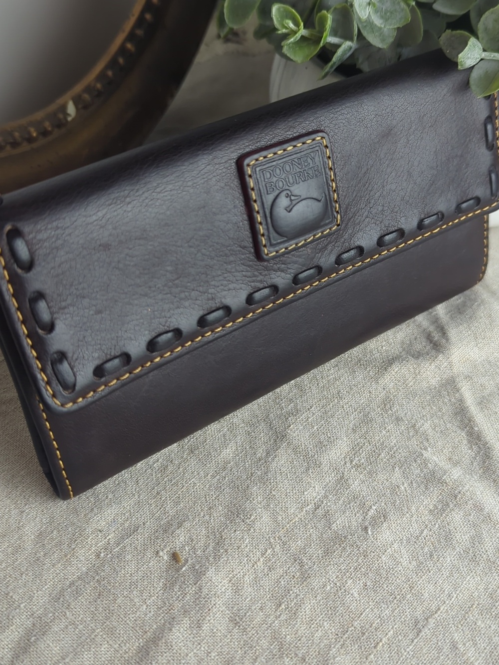 Dooney & Bourke Dark Brown Leather Clutch with Contrast Stitching